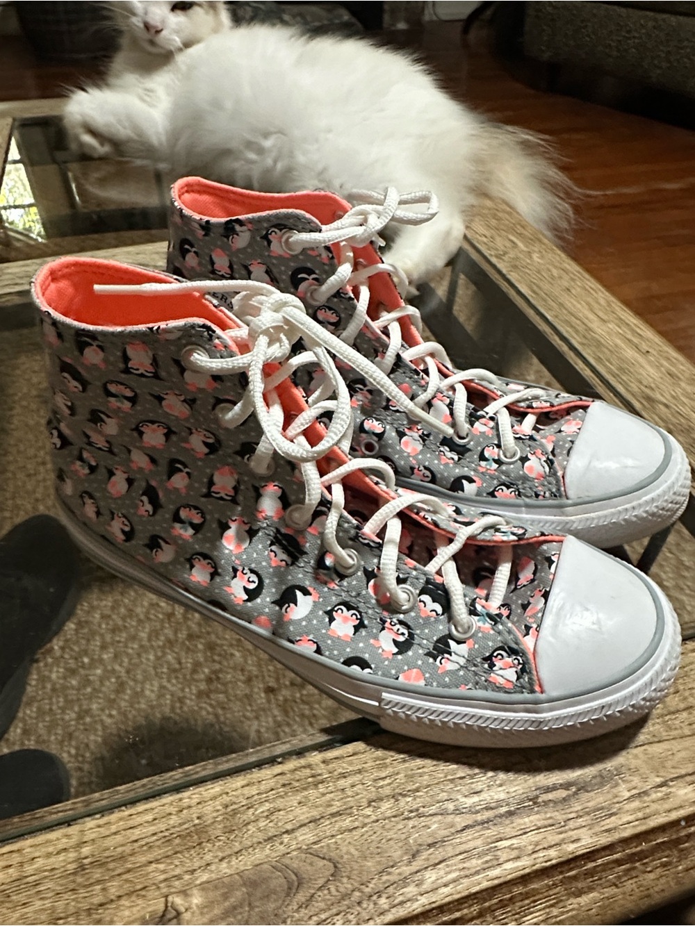 Converse High-Top Sneakers in Gray and Pink Penguin Print